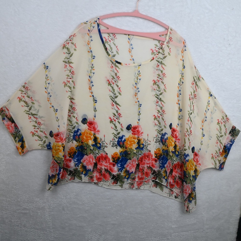 Floral Sheer Poncho Top Womens One Size Cream Multi Chiffon Floral Border Print